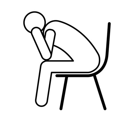 Depressed man sitting with head in his hands. Sad and worried human figure line icon. Black outline on white background. Vector illustration,のイラスト素材