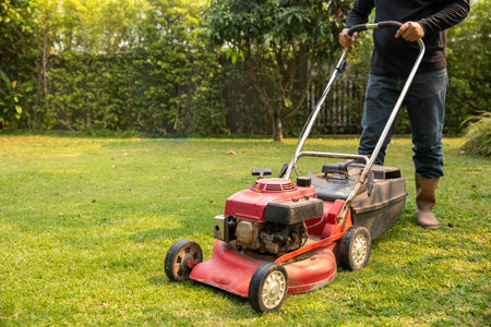 Garden work on the care of the lawn. A man mows the lawn using an electric pushing lawn mower.. cleaning conceptの写真素材