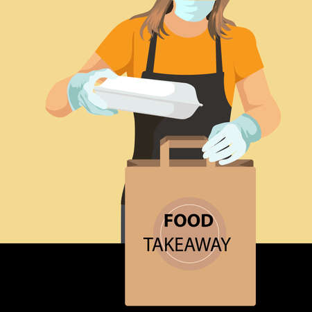 Young woman preparing takeaway organic food inside restaurant during  outbreak time - Worker inside kitchen cooking food for online delivery service. vector, illustrationのイラスト素材