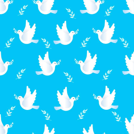 Seamless pattern made with white doves on blue background. Peace dove with olive branch for International Peace Day.  Vector , illustration.のイラスト素材