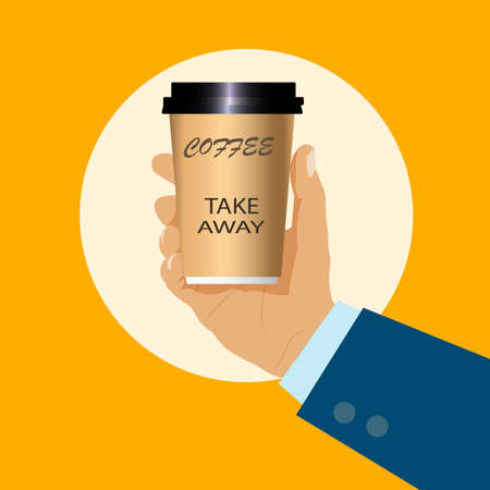 Vector of male hand holding a coffee cup isolated on yellow background. symbol, illutrationのイラスト素材