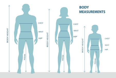 A silhouette of a full-length man, woman and boy with measurement lines of body parameters, male and female measurements, and children's measurements, human body measurements and proportions.vector, illustrationのイラスト素材