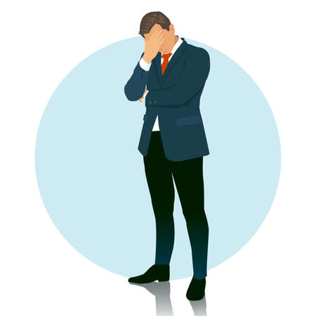 Regret young business man standing and thinking, full length portrait isolated, flat style. vector, illustrationのイラスト素材