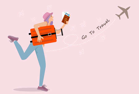 Excited Happy Young Asian Traveling With Lonely Jumping Bag On Yellow Studio Background. vector, illustrationのイラスト素材