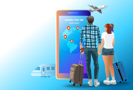 Online booking service vector illustration. man and Woman with travel, book luggage on smartphone,...