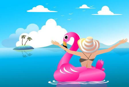 Happy Summer Holidays Women Fun Travel Enjoying Vacation On Beach Ready For Swimming Banner Background With Floating Flamingos - Funny Holiday Ideas. vector, illustrationのイラスト素材