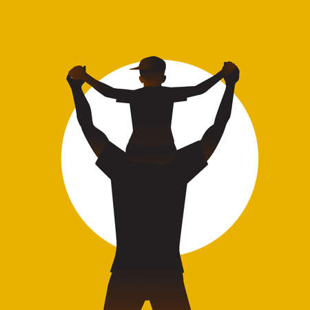 Silhouettes of father and son on yellow background. vector, illustrationのイラスト素材