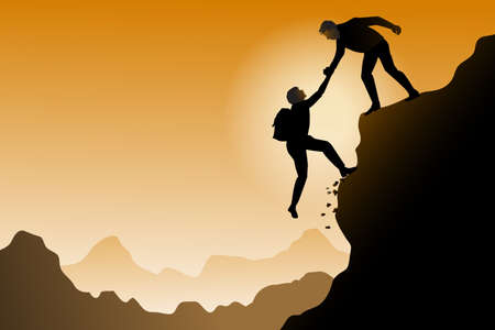 Teamwork trekking couples help each other trust help shadows in the mountains, sunset. Teamwork of two male climbers help each other on top of the climbing team, sunset landscape. vector, illustrationのイラスト素材