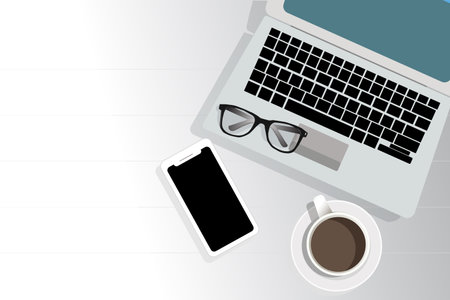Minimalistic flat lay composition of black & white laptop computer keyboard, cell phone gadget, cup...