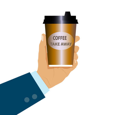 Vector of male hand holding a coffee take away cup isolated on white background. symbol, illutrationのイラスト素材