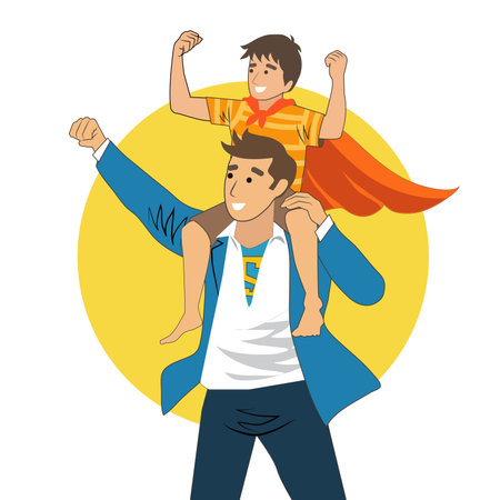 Happy Father's day greeting card. Dad in superhero costume holds son on his shoulders. Cheerful cartoon characters. Vector illustrationのイラスト素材