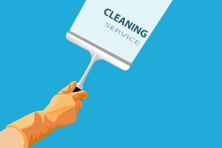 Cleaning service concept. Janitor's hand cleaning on blue background for mbanner design. vector, illustrationのイラスト素材