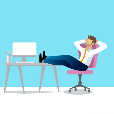 Relax worker sitting and dreaming at his office, flat vector design, illustratiionのイラスト素材