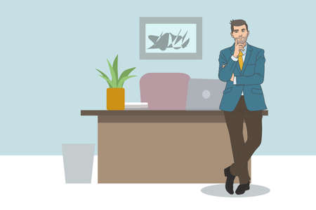 Businessman in formal suit pose at desk in office. Concentrated successful male boss or CEO show leadership and confidence. Success, business concept.vector.illustrationのイラスト素材