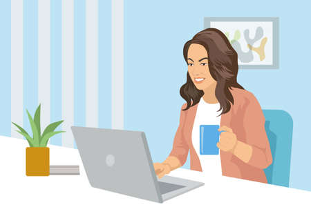 A beautiful woman working on a laptop computer while sitting in the living room drinking coffee.. vector, illustrationのイラスト素材