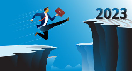 Confident businessman in business suit with case in other jumping up to 2023 year number on top...