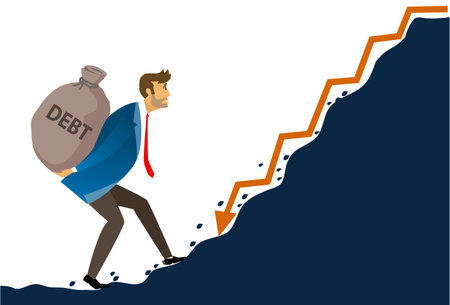 Crisis of high burden of consumer debt, : Client bears a bag of debt Debtor has difficult problem of bad debt and plan to pay back to lender or creditor.financial concept . vector,illustrationのイラスト素材