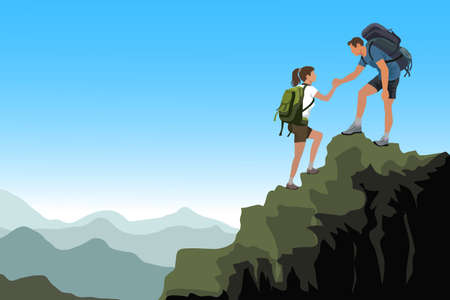 Young tourists with backpacks, strong boys help skinny girls to climb rocky mountains against bright summer sky and mountain range background. Travel, travel and healthy lifestyle. vector, illustrationのイラスト素材