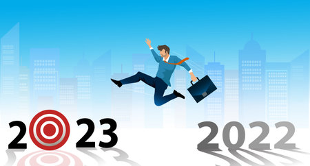 Welcome Merry Christmas and Happy New Year in 2023. Businessman jumping from 2022 cliff to 2023 cliff . Vector illustration.のイラスト素材