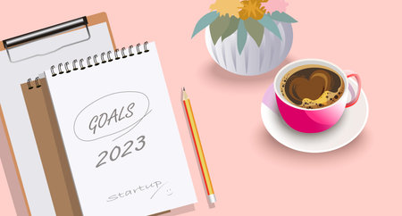 Business concept of top view 2023 goals list with notebook and pink coffee cup over pastel...