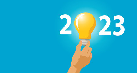 Idea and creative in 2023; lighting bulb with new year 2023 number on blue background. vector, illustrationのイラスト素材