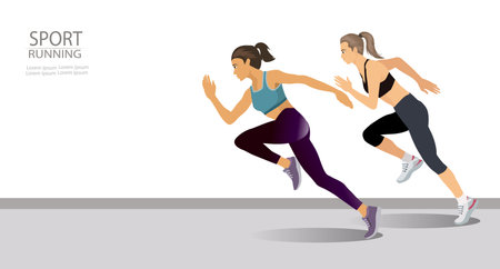 Full length shot of a young sport woman in sportswear running caracter isolated on white background. vector, illustrationのイラスト素材