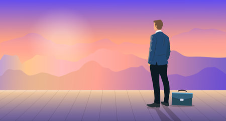 Businessman standing on terrace and looking at sunset on beautiful landscape.  Business concept. Flat vector illustration.のイラスト素材
