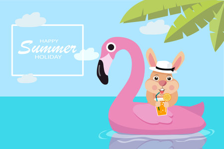 Happy summer holiday concept. Beautiful outdoor a cute rabbit with flamingo float around sea ocean white cloud on blue sky for holiday vacation travel concept. vector, illustrationのイラスト素材