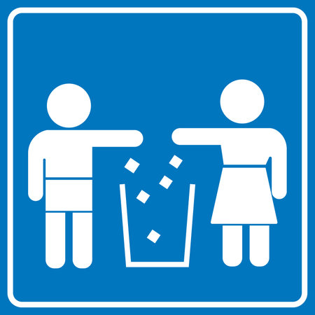 the children throw trash to trash bin. Kids recycling for save the earth concept. trash can icon vector illustration logo templateのイラスト素材
