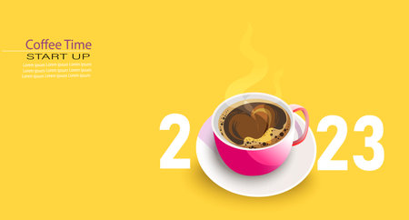 Happy new year 2023 concept. Minimalistic style Coffee time with a cup of coffee on yellow background. Vector. illustrationのイラスト素材