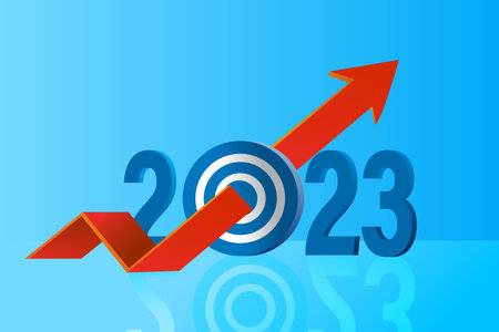 Happy new year 2023 with up arrow, 2023 year with target board for start up business objective...