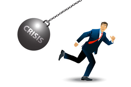 A  businessman running away from a large iron ball with a word CRISIS swinging on a chain. crisis return. Financial trouble. vector, illustrationのイラスト素材