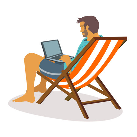 Relaxed Businessman Freelancer in Summer Wear Sitting on Daybed . Working on Laptop. Distant Outsourced Employee, Vacation.  Vector Illustrationのイラスト素材
