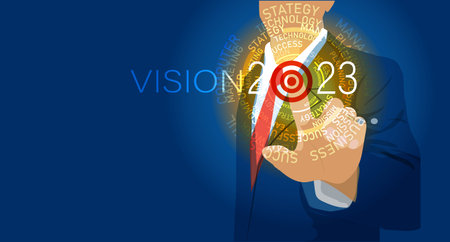 Vision 2023 New Year modern abstract circle word cloud text white shining bold light typography blue...