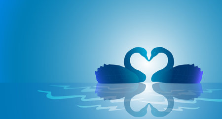 silhouette Two swan with heart-shaped floating on the lake. vector, illustrationのイラスト素材