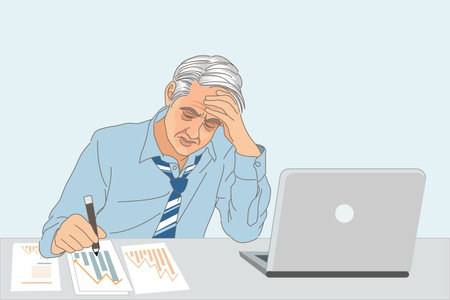 Stressed businessman at table in office and illustration of falling down chart. Economy recession conceptのイラスト素材