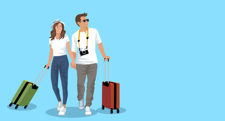 Happy young couple being ready to go for their holidays with colorful suitcases isolated on blue background with copy space. vector, illustrationのイラスト素材