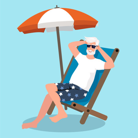 Elderly man sunbathing on the blue background.The concept of active old age. Day of the elderly. Flat vector illustration.のイラスト素材