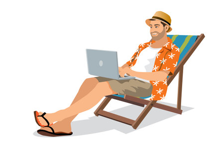 Happy man working with laptop sitting in the beach chair.Business trip. Summer vacation. vector, illustrationのイラスト素材