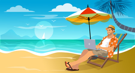 Feelancer working and rilaxing on the beach. Business Man Remote Work Place. Businessman at the beach. destination for summer travel holidays concept. vector. illustrationのイラスト素材