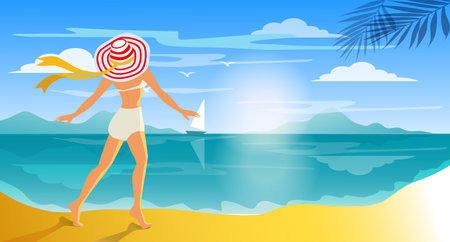 Hello Summer, holiday concept. woman in profile wearing swimsuit and big white hat standing on the beach. Sea, sky, gulls, girl. Vector illustrationのイラスト素材