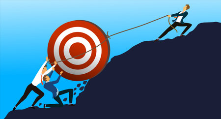 Group businessmen pushing a big target uphill . Teamwork business concept to achieve goal and...