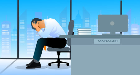 Young Businessman feeling depressed after fail, upset businessman sitting in workplace stressed about bankruptcy debt, man suffering from headache migraine Concept of economic crisis and financial recession bankruptcy Loss. vector illustration.のイラスト素材