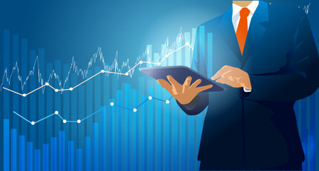 Businessman using tablet analyzing sales data and economic growth graph chart. Business strategy. Digital marketing.vector, illustrationのイラスト素材