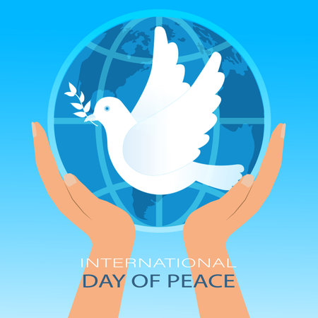 Flat International Day of Peace.  illustration with hands holding the world with pigeon, globe, blue sky. International Day of Peace design. vector, illustrationのイラスト素材