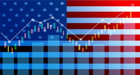 Growing chart against the background of the USA America flag candlestick graph Stock market exchange and graph chart business finance money investment on display board. vector, illustrationのイラスト素材