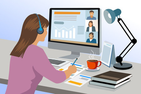 Business woman talking to her colleagues about plan in video conference. Multiethnic business team using computer for a online meeting in video call. working from home concept .vector,. illustrationのイラスト素材