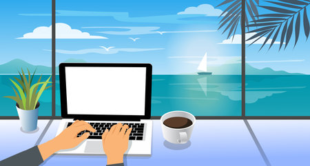 freelancer traveler working online using laptop and enjoying the beautiful nature landscape with sea view at sunrise. vector, illustrationのイラスト素材