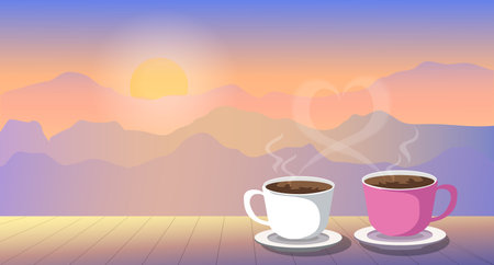 couple mug of hot coffee on wooden table in the morning with mountain and nature background. vector, illustrationのイラスト素材