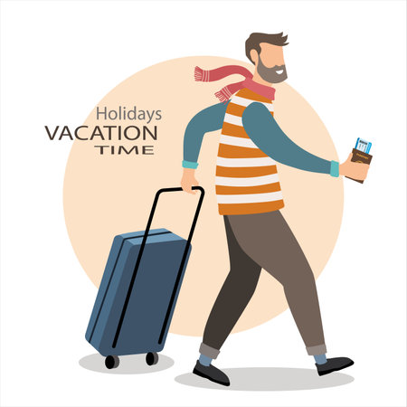 Walking man holding suitcase and passport for holidays vacation time.  vector, illustrationのイラスト素材